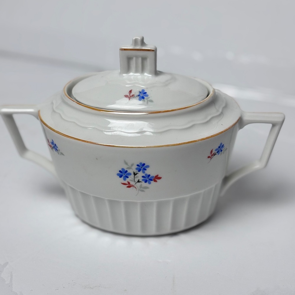 Bavaria Germany Vintage Porcelain Lidded Sugar Bowl Blue Gold Kitchen Decor